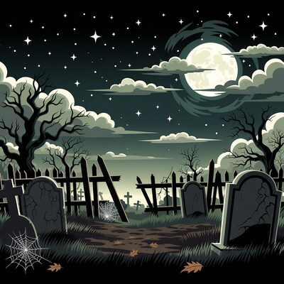 Spooky Cemetery Under Full Moon