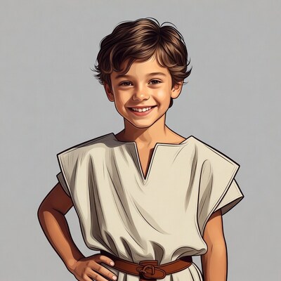 Smiling boy in ancient tunic