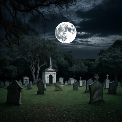 Moonlit Cemetery with Tombstones and Mausoleum