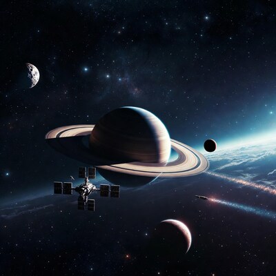 Space Station Orbiting Saturn