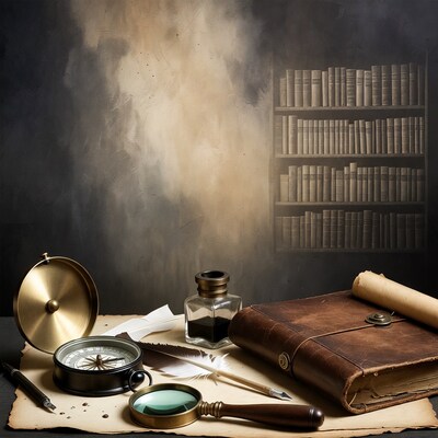 Vintage Compass Quill Book Still Life