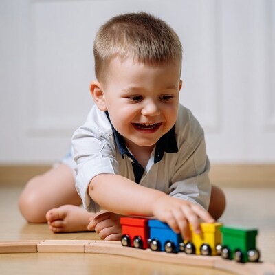 Boy playing with colorful wooden trains