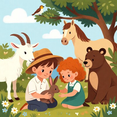Boy and Girl with Bunny and Farm Animals