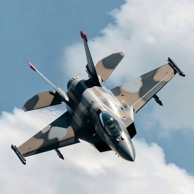 Camouflaged Fighter Jet Flying in Sky