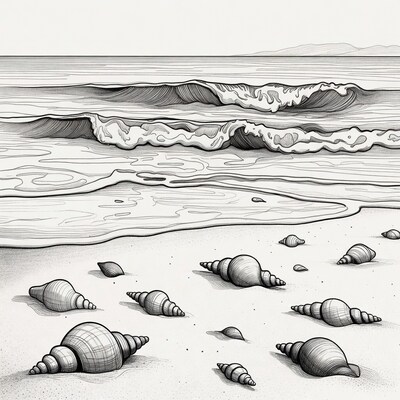 Seashells on beach with waves