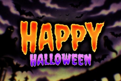 Happy Halloween Fiery Text with Bats