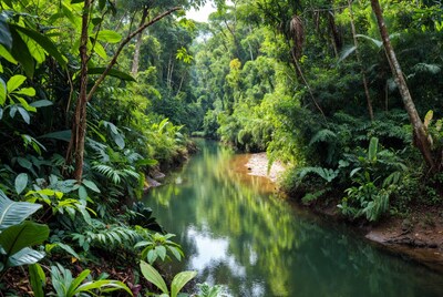 River flowing through lush rainforest