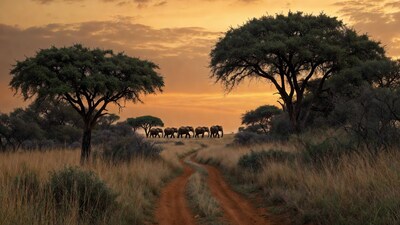 Elephant herd walking savanna path sunset