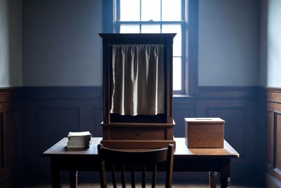 Voting booth with curtain on wooden table