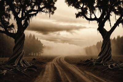 Foggy Dirt Road Between Twisted Trees