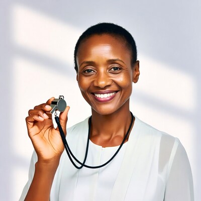 African-American woman holding whistle