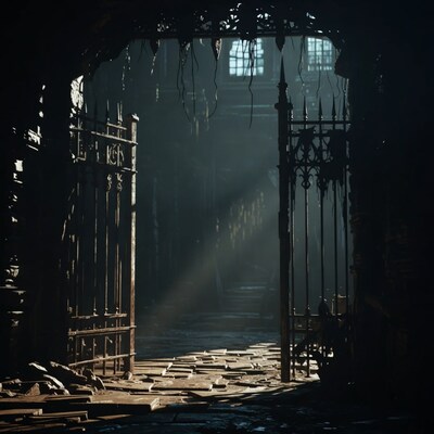 Open rusty iron gate in ruined archway