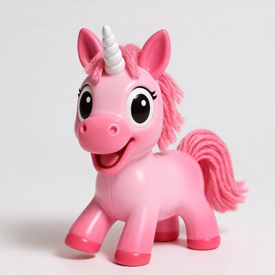 Pink unicorn toy on white background