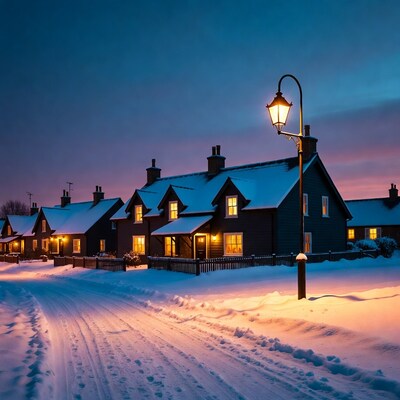 Snowy Cottages with Street Lamp at Night