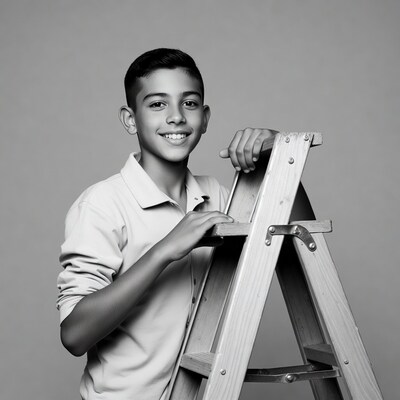 Boy smiling beside wooden ladder