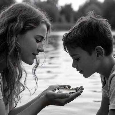 Woman showing boy small fish by lake