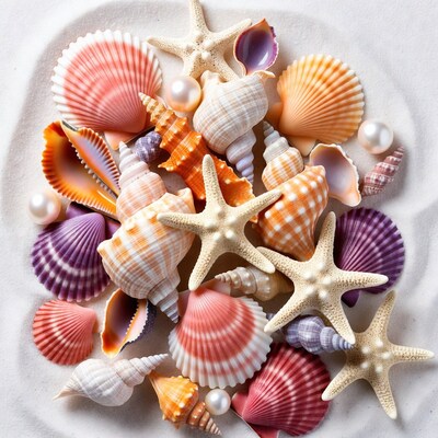 Colorful Seashells and Starfish on Sand