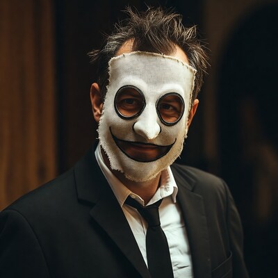 Man in smiling white mask suit