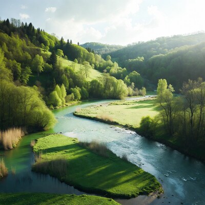 Winding Green River in Forested Valley