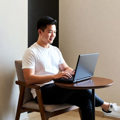 Asian man typing on laptop