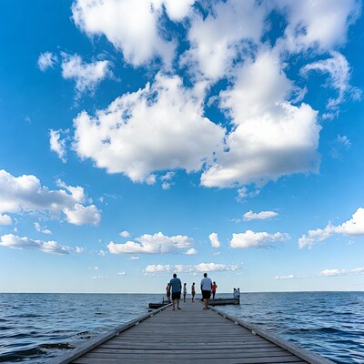 Group on pier over lake