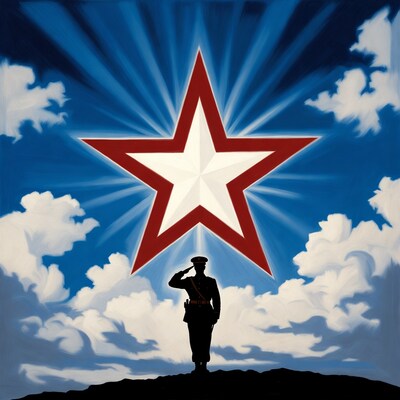 Soldier saluting under red star