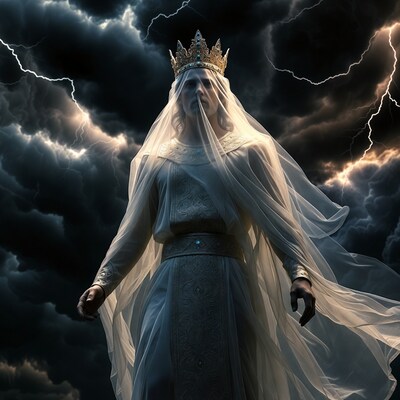 Woman in white gown with crown in storm