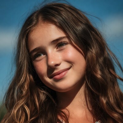 Smiling girl with freckles against blue sky