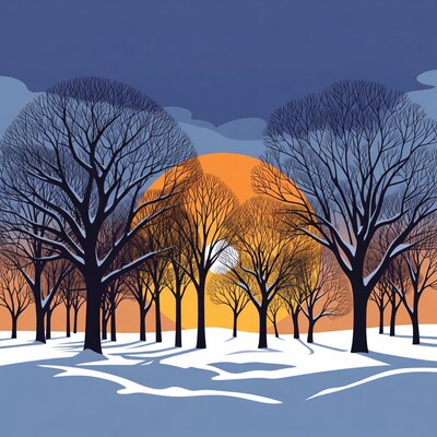 Sunset Behind Snowy Bare Trees