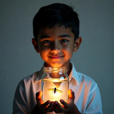 Boy holding jar with glowing insect