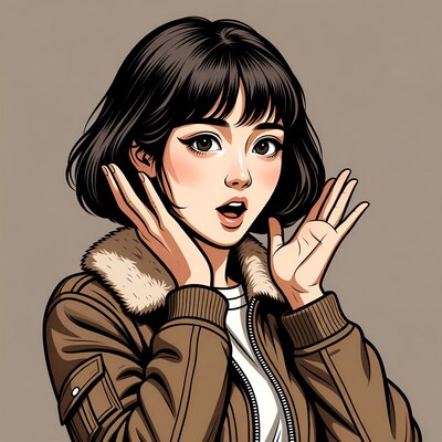 Asian woman surprised hands on cheeks