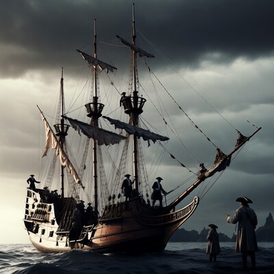 Pirate Ship with Crew in Stormy Sea