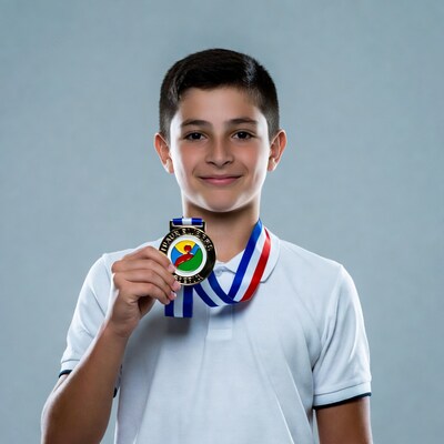 Boy holding gold medal
