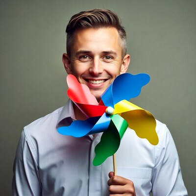 Man smiling with colorful pinwheel