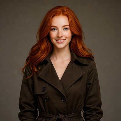 Smiling woman with red hair in trench coat