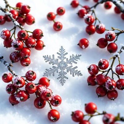 Red Berries and Silver Snowflake on Snow