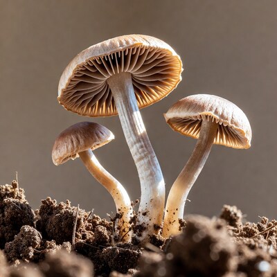 Cluster of mushrooms on soil