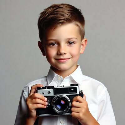 Boy holding vintage camera