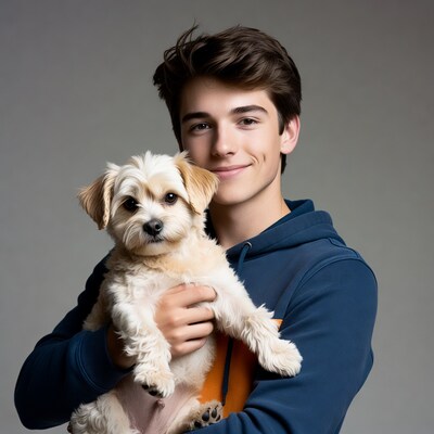 Teen boy holding white fluffy dog