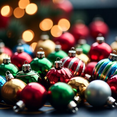 Colorful Christmas Ornaments on Dark Background