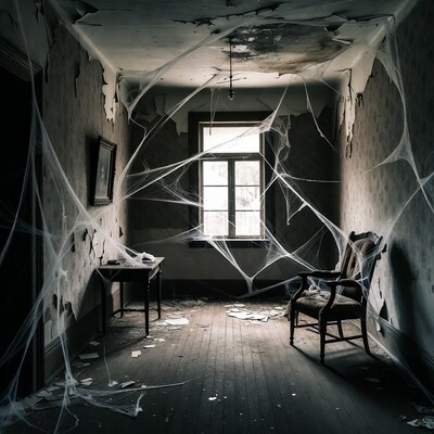 Abandoned room covered in cobwebs