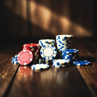 Poker chips on wooden table