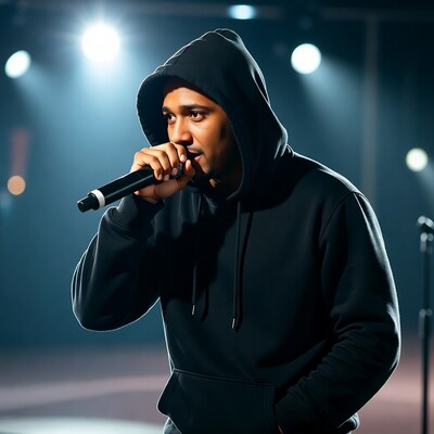 Man singing into microphone on stage