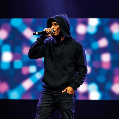 Man rapping into microphone on stage