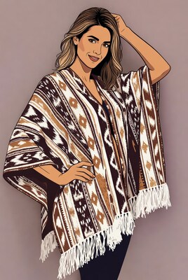 Woman in patterned poncho illustration