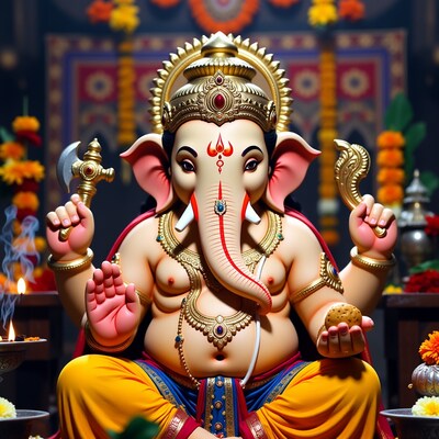 Lord Ganesha holding modak and axe