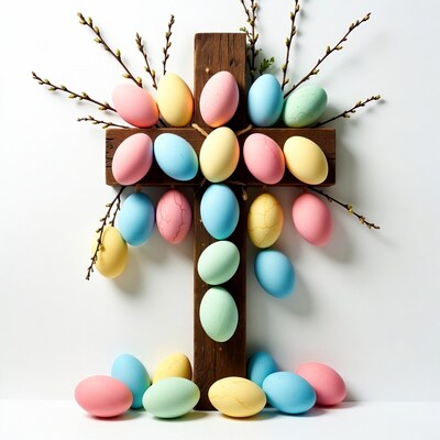 Easter Eggs on Wooden Cross with Pussy Willows