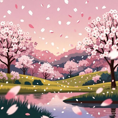 Cherry Blossom Trees by River