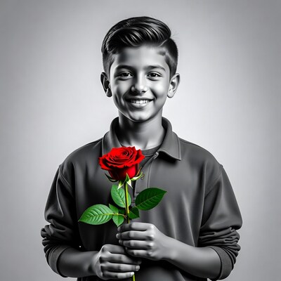 Boy holding red rose