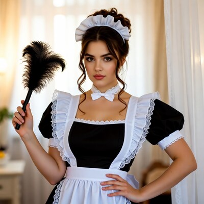 Woman in maid outfit holding feather duster